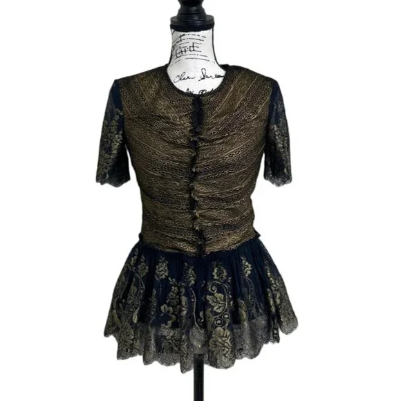 Marchesa Voyage Top Blouse Lace Short Sleeve Black Gold Whimsygoth Size 2 NEW - Picture 1 of 8